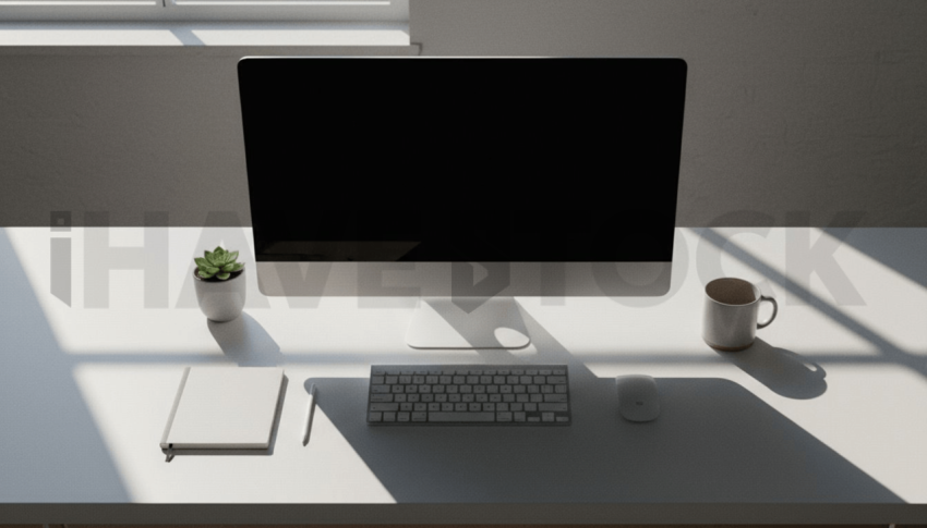 Cinematic landing page   UI concept — desktop monitor screen 100  empty mockup screen, creative startup workspace — premium digital advertising asset #0117