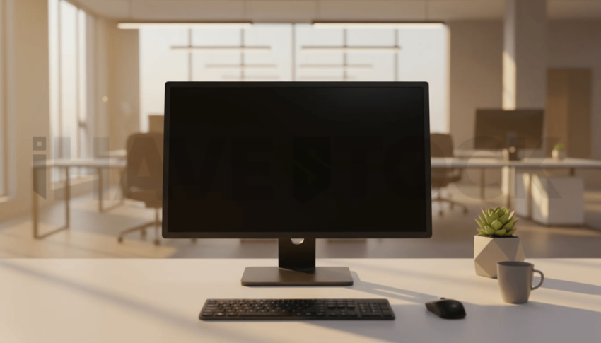 Cinematic landing page   UI concept — desktop monitor screen 100  empty mockup screen, modern SaaS office environment — premium digital advertising asset #0069