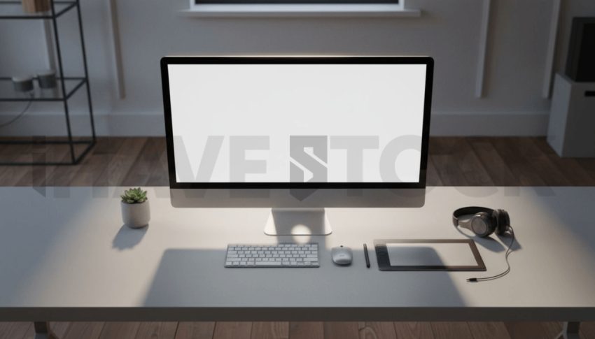 Cinematic landing page   UI concept — desktop monitor screen 100  empty mockup screen, premium minimalist workspace — premium digital advertising asset #0121