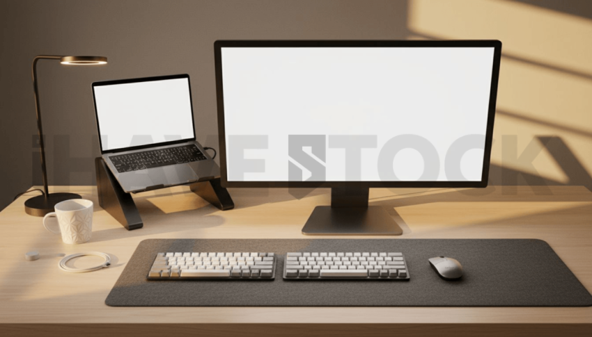 Cinematic landing page   UI concept — desktop monitor screen 100  empty mockup screen, premium minimalist workspace — premium digital advertising asset #0125