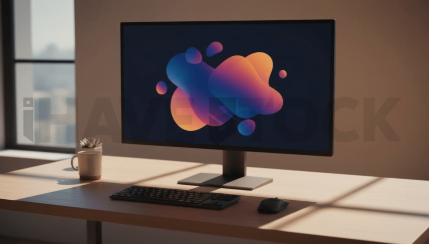 Cinematic landing page   UI concept — desktop monitor screen UI concept screen (shape layout, no text), clean tech workspace with natural light — premium digital advertising asset #0114