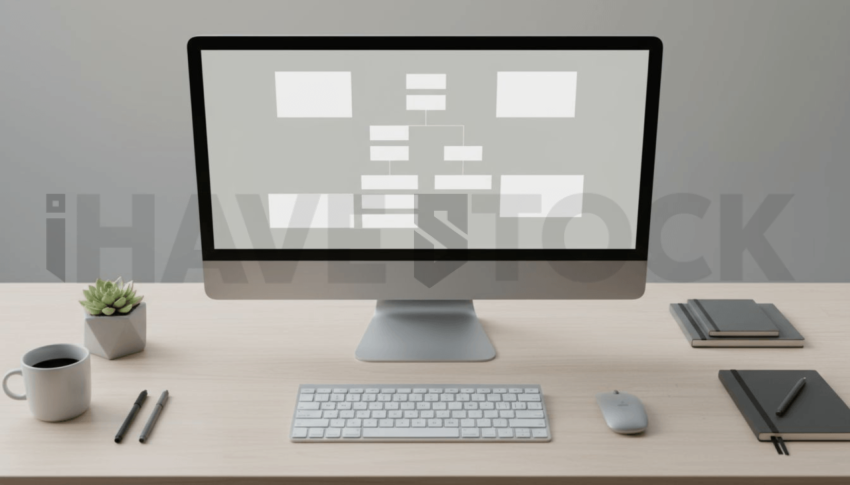 Cinematic landing page   UI concept — desktop monitor screen UI concept screen (shape layout, no text), creative startup workspace — premium digital advertising asset #0082