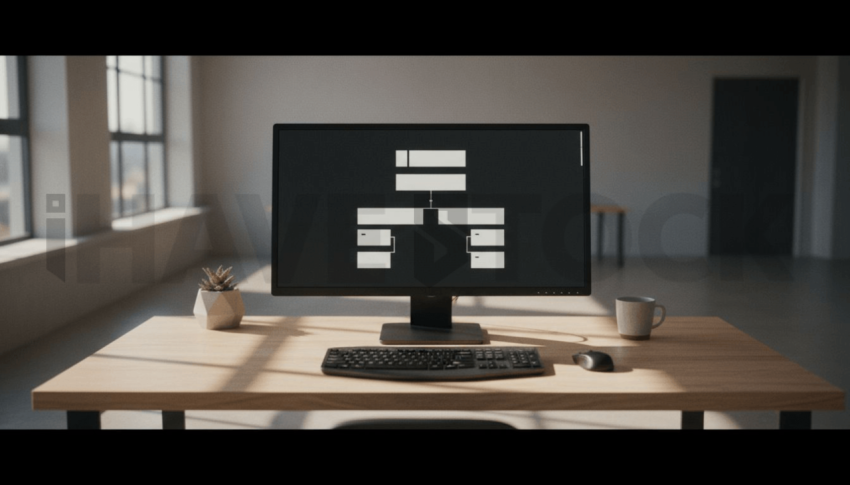 Cinematic landing page   UI concept — desktop monitor screen UI concept screen (shape layout, no text), modern SaaS office environment — premium digital advertising asset #0128