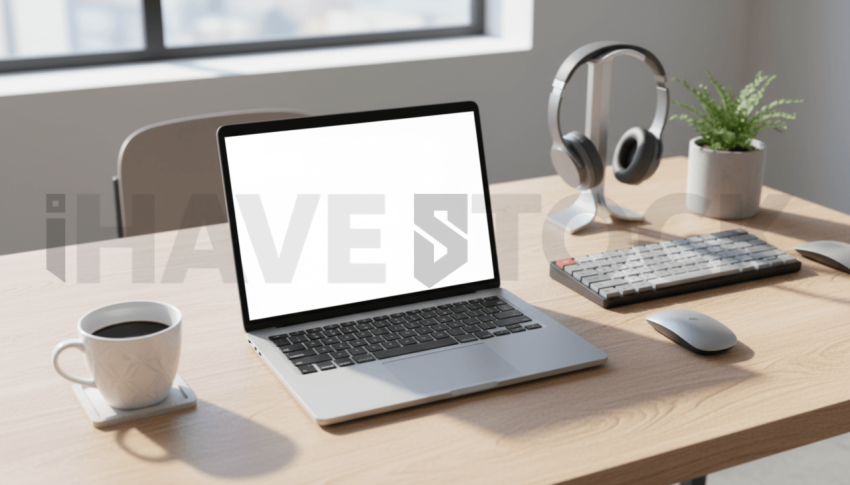 Cinematic landing page   UI concept — laptop screen 100  empty mockup screen, clean tech workspace with natural light — premium digital advertising asset #0007