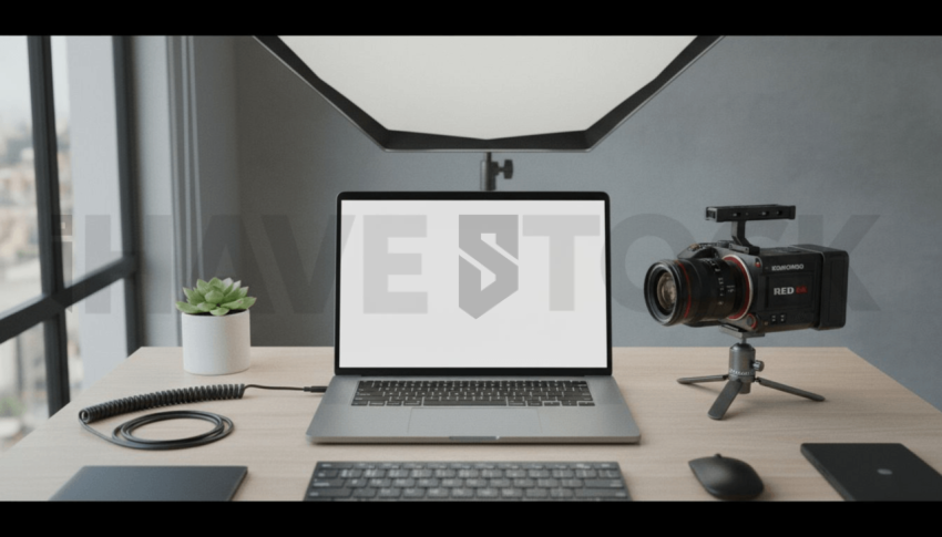 Cinematic landing page   UI concept — laptop screen 100  empty mockup screen, clean tech workspace with natural light — premium digital advertising asset #0033