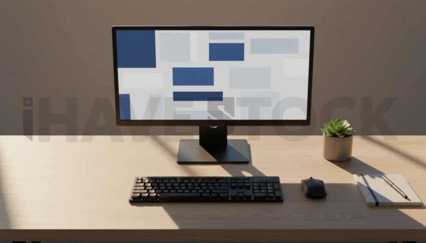 Cinematic landing page   UI concept — desktop monitor screen UI concept screen (shape layout, no text), premium minimalist workspace — premium digital advertising asset #0024