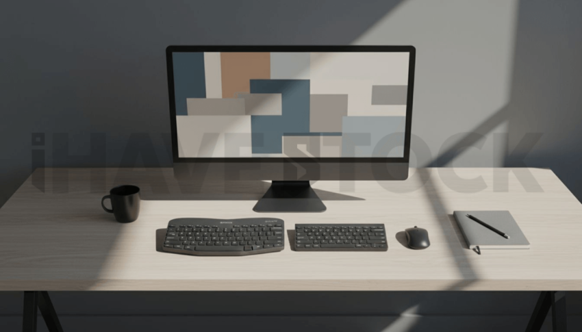 Cinematic landing page   UI concept — desktop monitor screen UI concept screen (shape layout, no text), premium minimalist workspace — premium digital advertising asset #0050