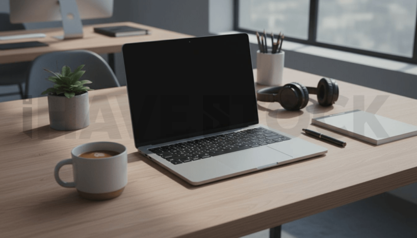 Cinematic landing page   UI concept — laptop screen 100  empty mockup screen, creative startup workspace — premium digital advertising asset #0029