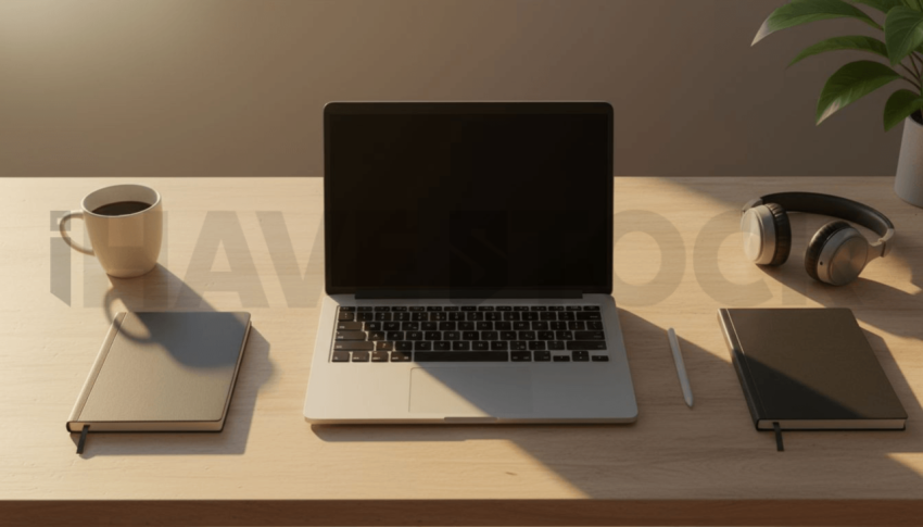 Cinematic landing page   UI concept — laptop screen 100  empty mockup screen, creative startup workspace — premium digital advertising asset #0053