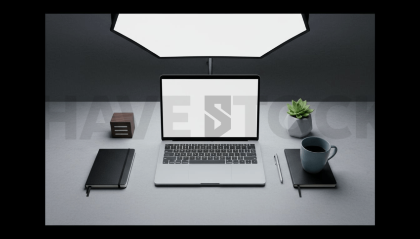 Cinematic landing page   UI concept — laptop screen 100  empty mockup screen, creative startup workspace — premium digital advertising asset #0079