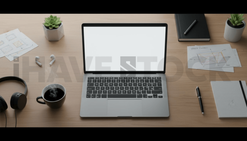 Cinematic landing page   UI concept — laptop screen 100  empty mockup screen, creative startup workspace — premium digital advertising asset #0089