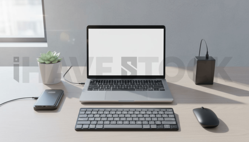 Cinematic landing page   UI concept — laptop screen 100  empty mockup screen, clean tech workspace with natural light — premium digital advertising asset #0057