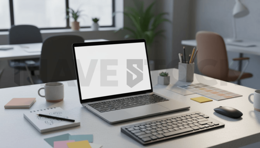 Cinematic landing page   UI concept — laptop screen 100  empty mockup screen, creative startup workspace — premium digital advertising asset #0093