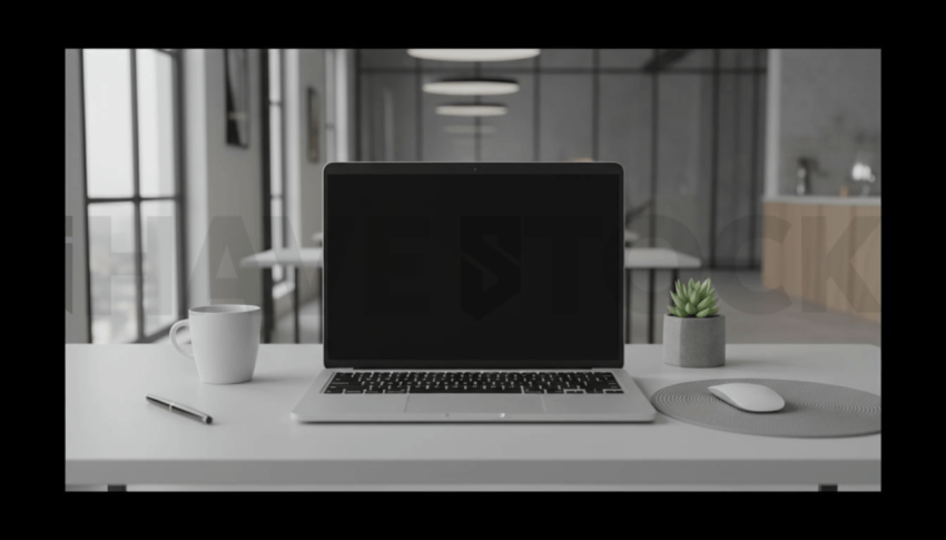 Cinematic landing page   UI concept — laptop screen 100  empty mockup screen, modern SaaS office environment — premium digital advertising asset #0035