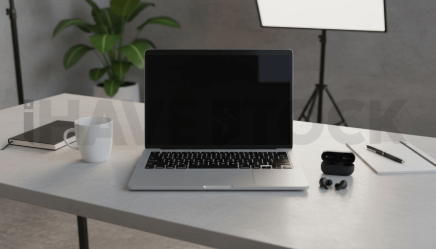 Cinematic landing page   UI concept — laptop screen 100  empty mockup screen, modern SaaS office environment — premium digital advertising asset #0043