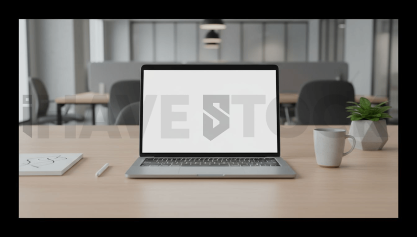 Cinematic landing page   UI concept — laptop screen 100  empty mockup screen, modern SaaS office environment — premium digital advertising asset #0065