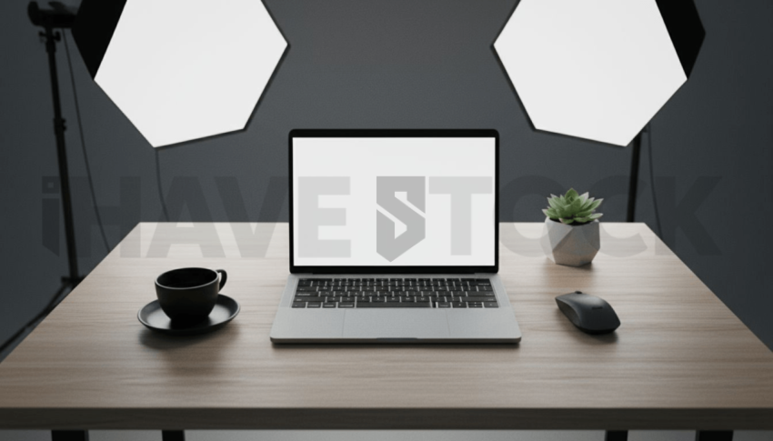 Cinematic landing page   UI concept — laptop screen 100  empty mockup screen, modern SaaS office environment — premium digital advertising asset #0107