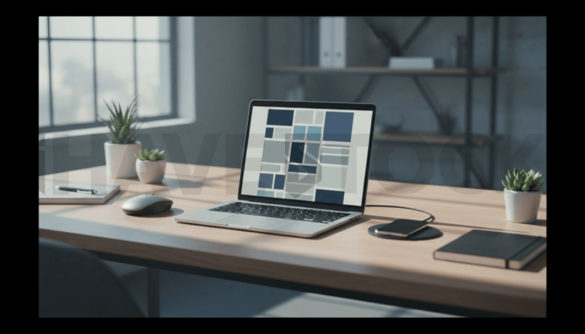 Cinematic landing page   UI concept — laptop screen UI concept screen (shape layout, no text), clean tech workspace with natural light — premium digital advertising asset #0026
