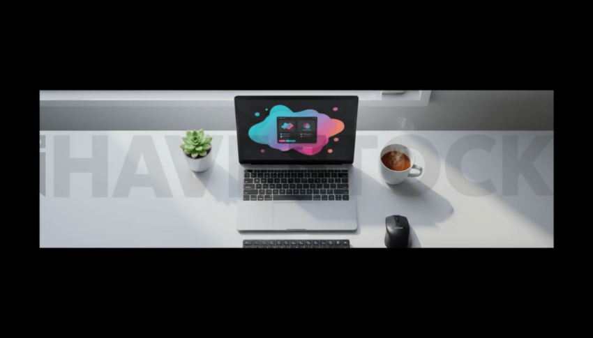 Cinematic landing page   UI concept — laptop screen UI concept screen (shape layout, no text), clean tech workspace with natural light — premium digital advertising asset #0014