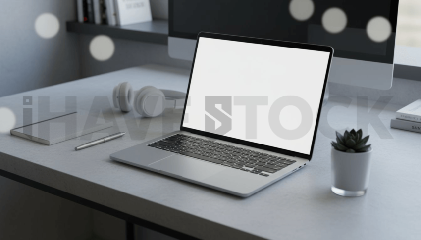 Cinematic landing page   UI concept — laptop screen 100  empty mockup screen, premium minimalist workspace — premium digital advertising asset #0109