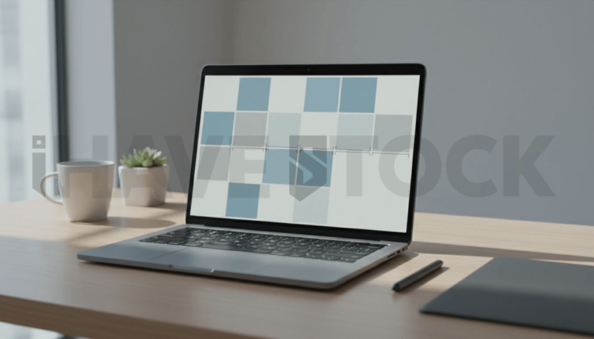 Cinematic landing page   UI concept — laptop screen UI concept screen (shape layout, no text), clean tech workspace with natural light — premium digital advertising asset #0034