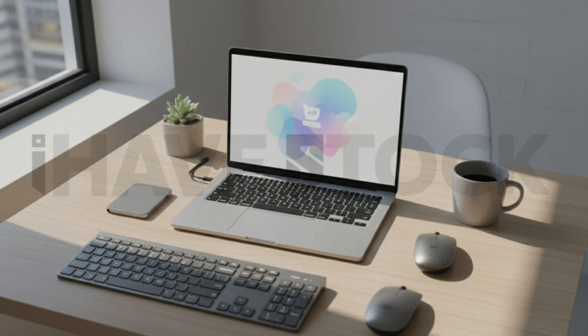 Cinematic landing page   UI concept — laptop screen UI concept screen (shape layout, no text), clean tech workspace with natural light — premium digital advertising asset #0042