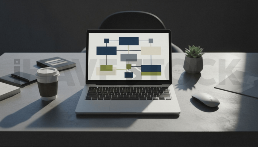 Cinematic landing page   UI concept — laptop screen UI concept screen (shape layout, no text), creative startup workspace — premium digital advertising asset #0058