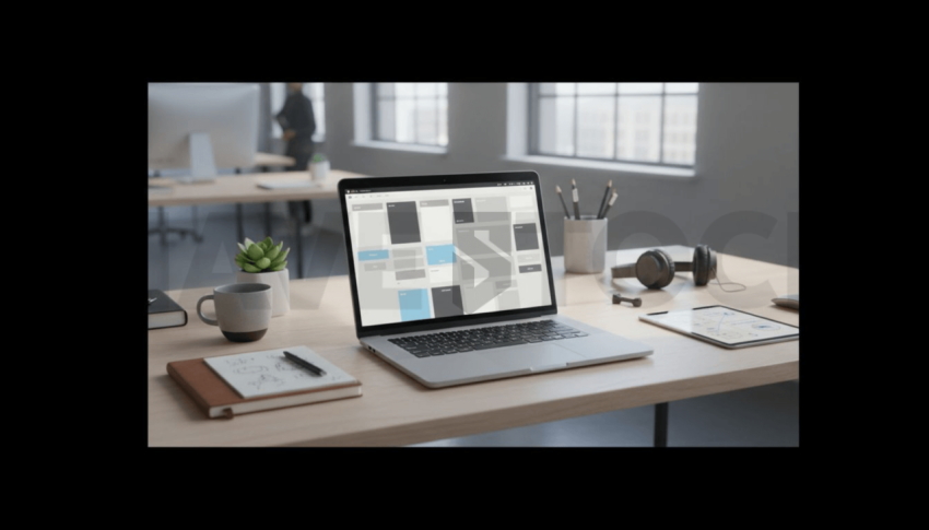 Cinematic landing page   UI concept — laptop screen UI concept screen (shape layout, no text), creative startup workspace — premium digital advertising asset #0056