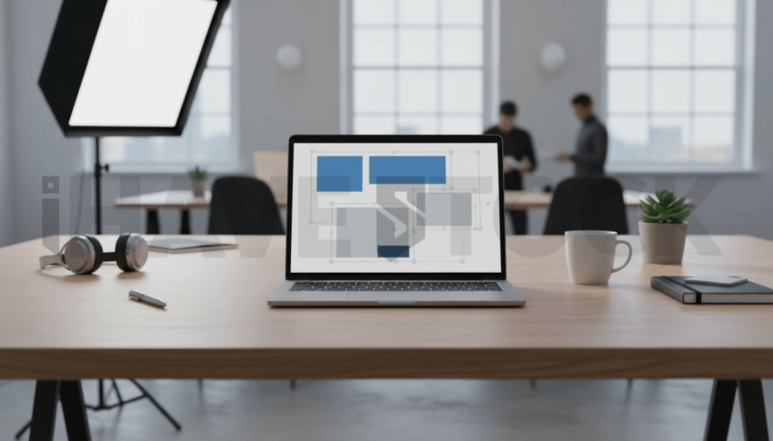 Cinematic landing page   UI concept — laptop screen UI concept screen (shape layout, no text), creative startup workspace — premium digital advertising asset #0094