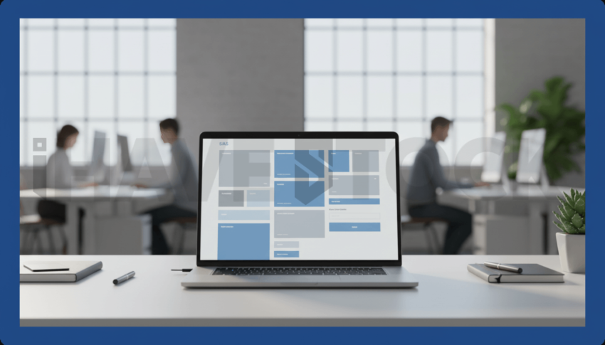 Cinematic landing page   UI concept — laptop screen UI concept screen (shape layout, no text), modern SaaS office environment — premium digital advertising asset #0008