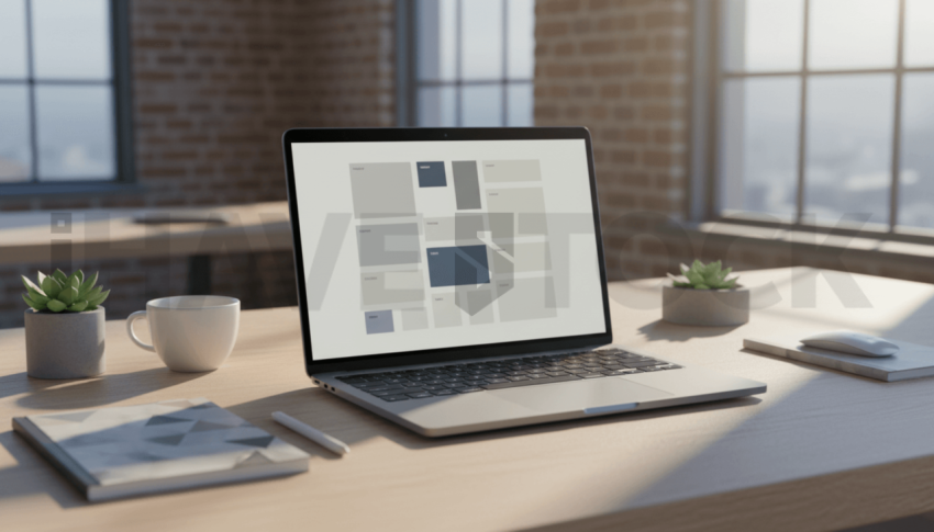 Cinematic landing page   UI concept — laptop screen UI concept screen (shape layout, no text), creative startup workspace — premium digital advertising asset #0012