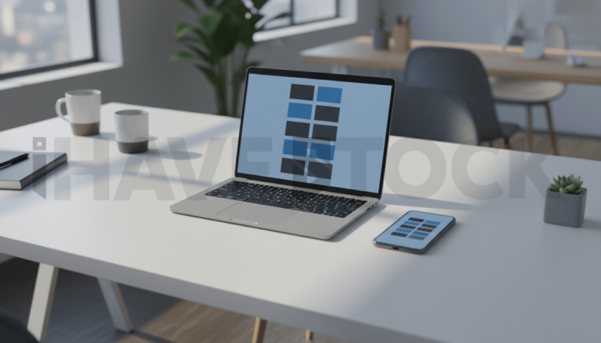 Cinematic landing page   UI concept — laptop screen UI concept screen (shape layout, no text), modern SaaS office environment — premium digital advertising asset #0010