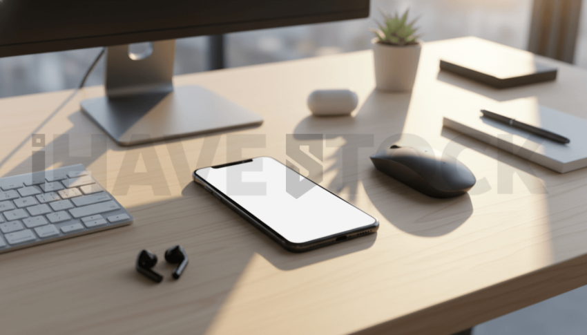 Cinematic landing page   UI concept — smartphone screen 100  empty mockup screen, clean tech workspace with natural light — premium digital advertising asset #0009