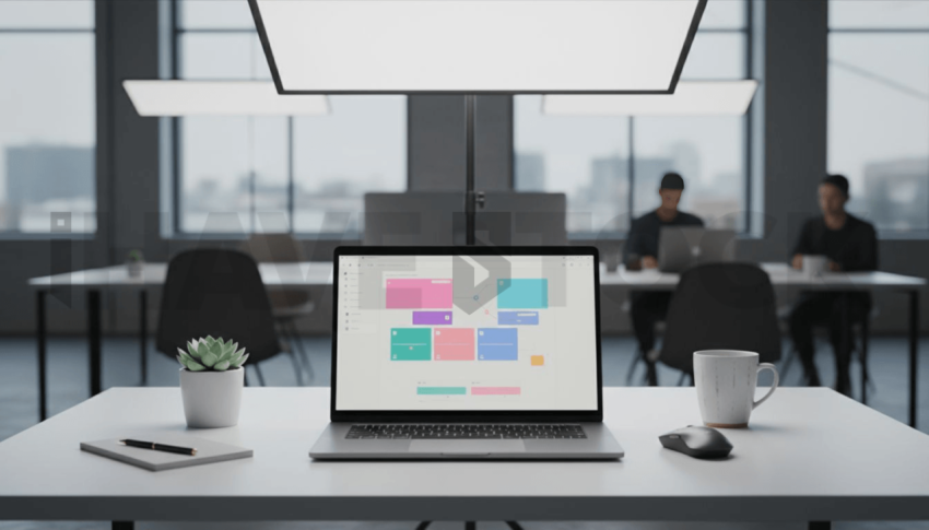 Cinematic landing page   UI concept — laptop screen UI concept screen (shape layout, no text), modern SaaS office environment — premium digital advertising asset #0122