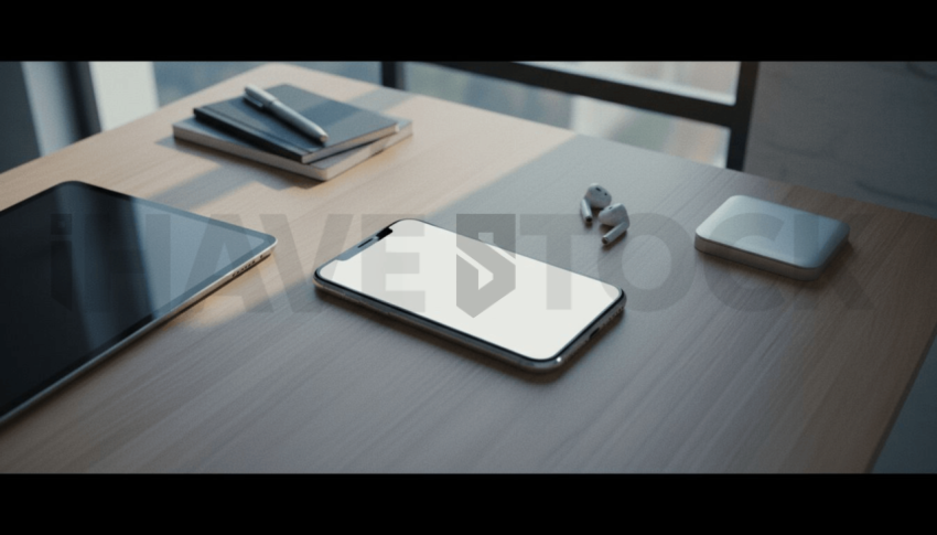Cinematic landing page   UI concept — smartphone screen 100  empty mockup screen, clean tech workspace with natural light — premium digital advertising asset #0013