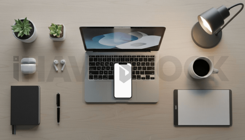 Cinematic landing page   UI concept — smartphone screen 100  empty mockup screen, creative startup workspace — premium digital advertising asset #0119