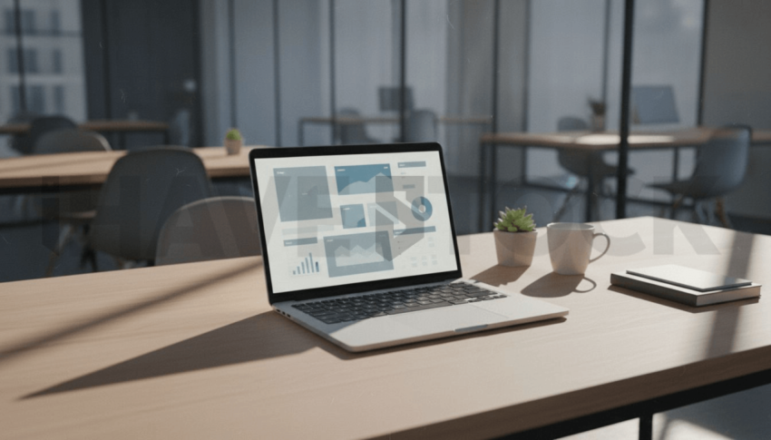 Cinematic landing page   UI concept — laptop screen UI concept screen (shape layout, no text), modern SaaS office environment — premium digital advertising asset #0112