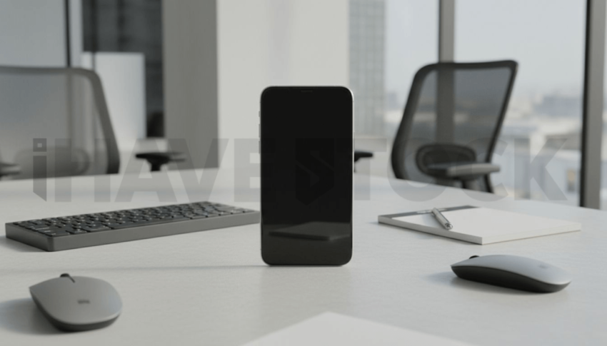 Cinematic landing page   UI concept — smartphone screen 100  empty mockup screen, modern SaaS office environment — premium digital advertising asset #0123