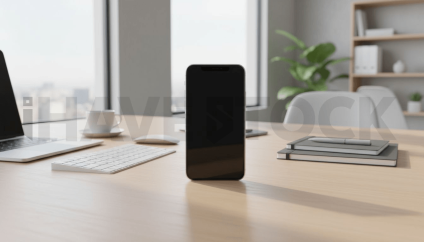 Cinematic landing page   UI concept — smartphone screen 100  empty mockup screen, modern SaaS office environment — premium digital advertising asset #0103