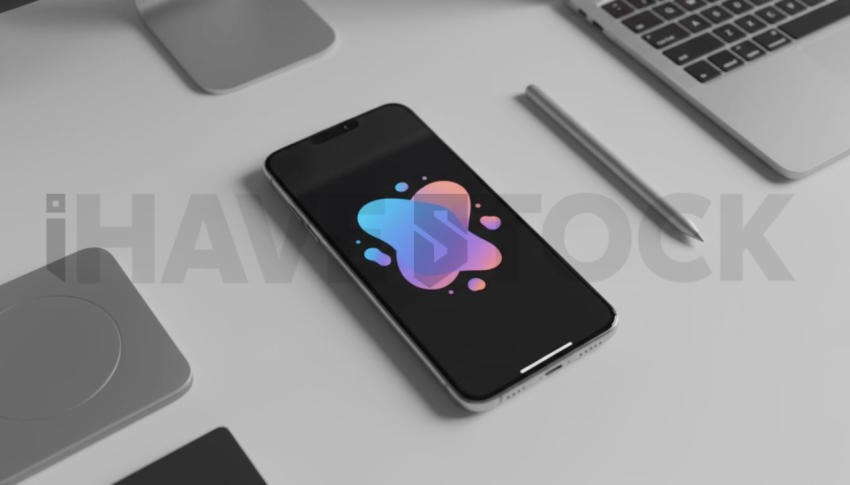 Cinematic landing page   UI concept — smartphone screen UI concept screen (shape layout, no text), modern SaaS office environment — premium digital advertising asset #0020