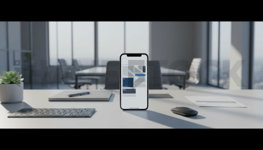 Cinematic landing page   UI concept — smartphone screen UI concept screen (shape layout, no text), modern SaaS office environment — premium digital advertising asset #0078