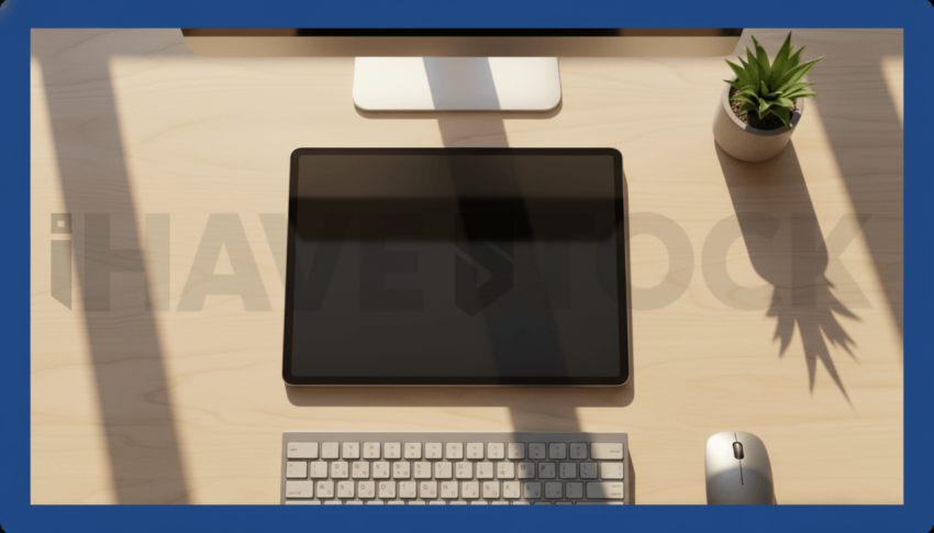 Cinematic landing page   UI concept — tablet screen 100  empty mockup screen, clean tech workspace with natural light — premium digital advertising asset #0005