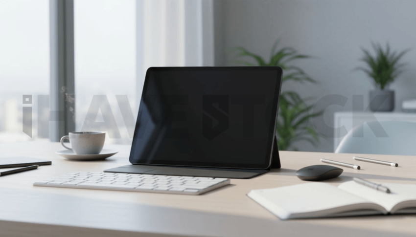 Cinematic landing page   UI concept — tablet screen 100  empty mockup screen, clean tech workspace with natural light — premium digital advertising asset #0127