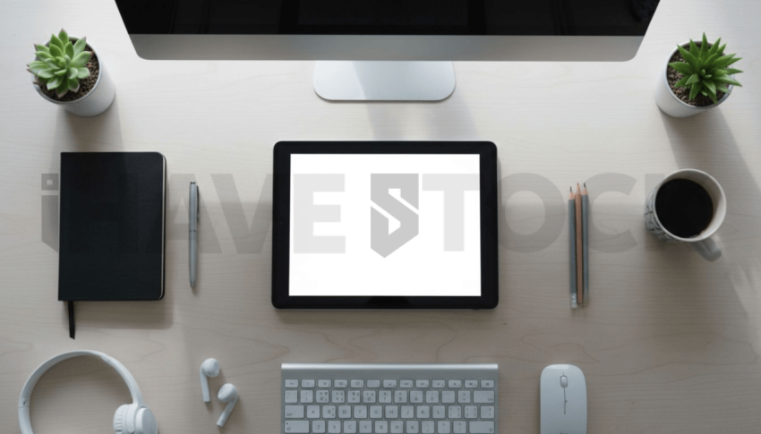 Cinematic landing page   UI concept — tablet screen 100  empty mockup screen, creative startup workspace — premium digital advertising asset #0081