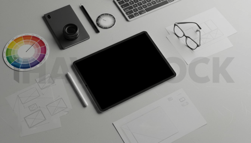 Cinematic landing page   UI concept — tablet screen 100  empty mockup screen, digital product design studio — premium digital advertising asset #0049