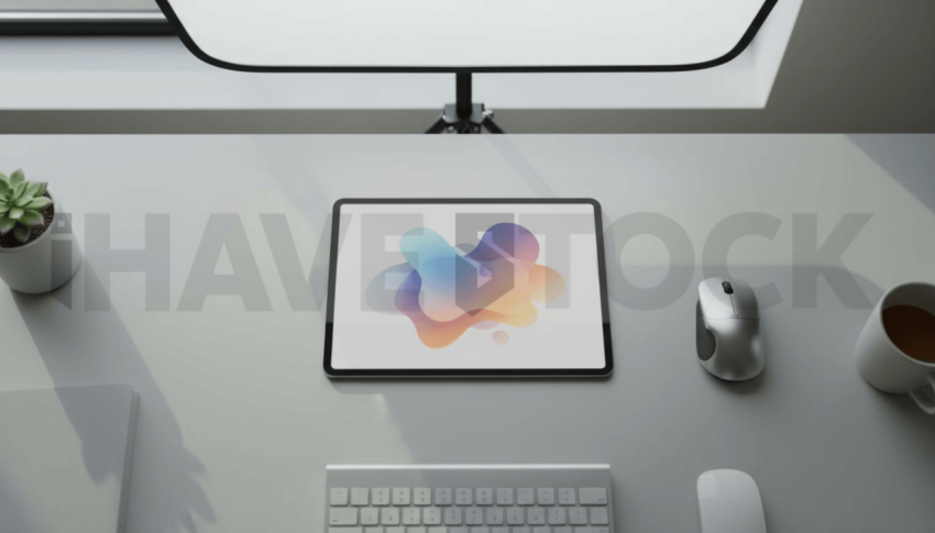 Cinematic landing page   UI concept — tablet screen UI concept screen (shape layout, no text), clean tech workspace with natural light — premium digital advertising asset #0032