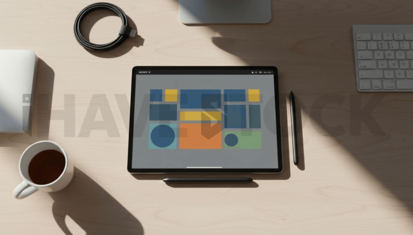 Cinematic landing page   UI concept — tablet screen UI concept screen (shape layout, no text), clean tech workspace with natural light — premium digital advertising asset #0006
