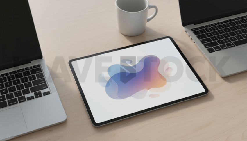Cinematic landing page   UI concept — tablet screen UI concept screen (shape layout, no text), clean tech workspace with natural light — premium digital advertising asset #0022