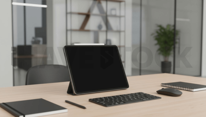 Cinematic landing page   UI concept — tablet screen 100  empty mockup screen, modern SaaS office environment — premium digital advertising asset #0021