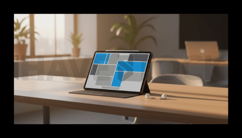 Cinematic landing page   UI concept — tablet screen UI concept screen (shape layout, no text), clean tech workspace with natural light — premium digital advertising asset #0052